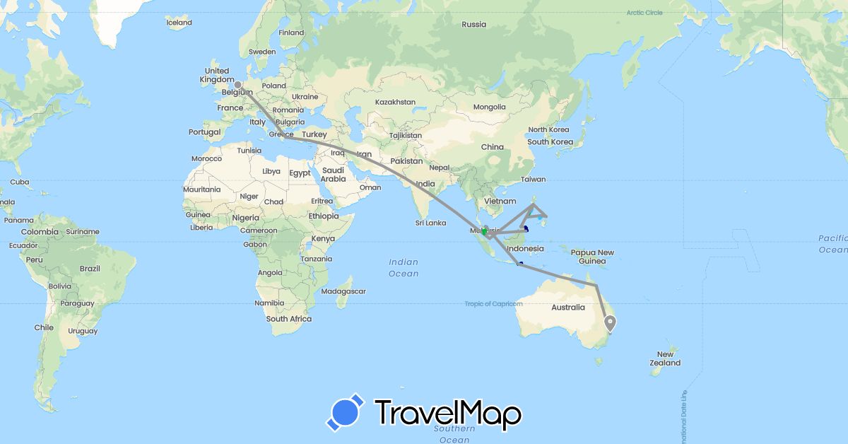 TravelMap itinerary: driving, bus, plane, boat in Australia, Greece, Indonesia, Malaysia, Netherlands, Philippines, Singapore (Asia, Europe, Oceania)
