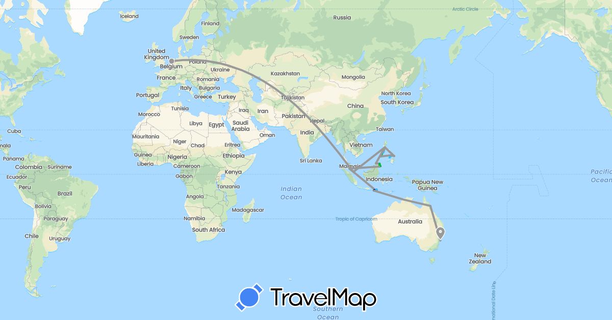 TravelMap itinerary: driving, bus, plane, boat in Australia, Indonesia, Malaysia, Netherlands, Philippines, Singapore (Asia, Europe, Oceania)